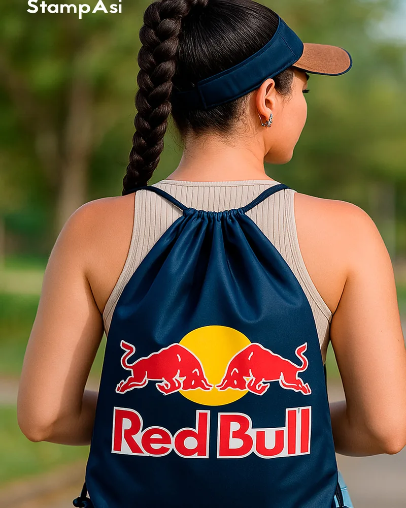 Sacochila personalizada com estampa de marca, usada nas costas